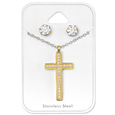 Gold Surgical Steel Cross Set with Cubic Zirconia on Card