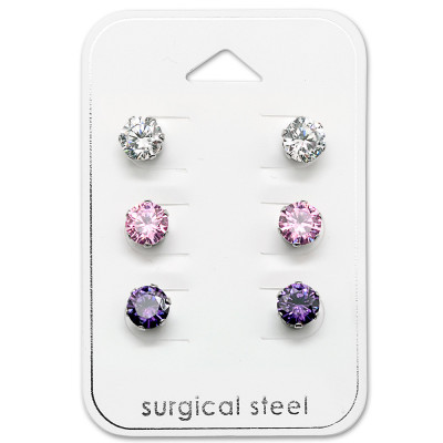 High Polish Surgical Steel Round 6mm Set with Cubic Zirconia on Card