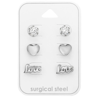 High Polish Surgical Steel Infinite Love Ear Studs Set with Cubic Zirconia on Card