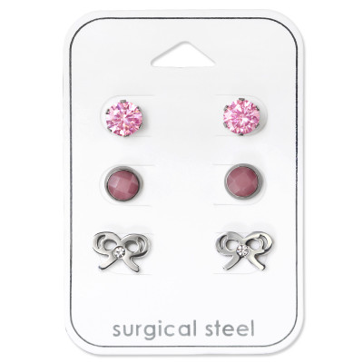 High Polish Surgical Steel Bow Set with Cubic Zirconia,Strawberry Quartz and Crystal on Card