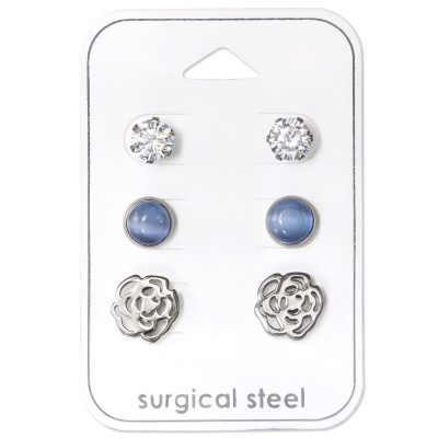 High Polish Surgical Steel Rose Set with Cubic Zirconia and Cat Eye on Card