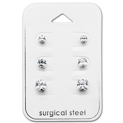 High Polish Surgical Steel Square 3mm, 4mm and 5mm Set with Cubic Zirconia on Card