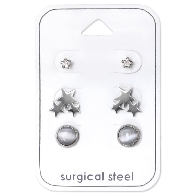 High Polish Surgical Steel Star Set with Cubic Zirconia and Cat eye on Card