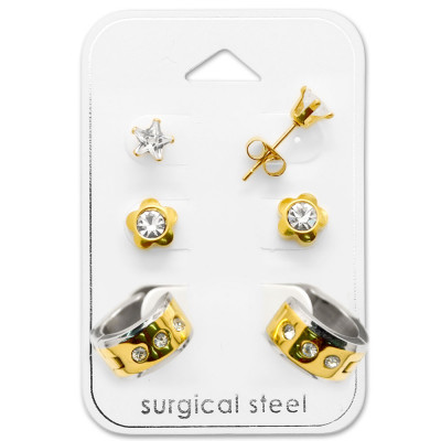 Gold Surgical Steel Set with Cubic Zirconia and Crystal on Card