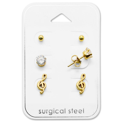 Gold Surgical Steel G-Clef Set with Cubic Zirconia on Card