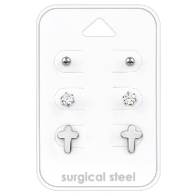 High Polish Surgical Steel Cross Set with Cubic Zirconia on Card