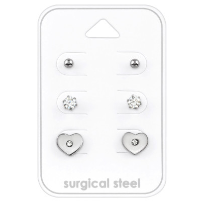 Surgical Steel Heart Set with Cubic Zirconia on Card