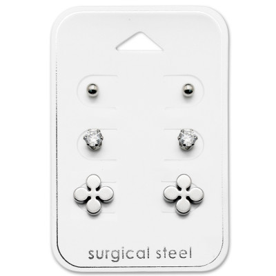 High Polish Surgical Steel Flower Set with Cubic Zirconia on Card
