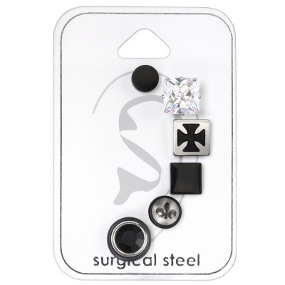 Surgical Steel Unisex Set with Cubic Zirconia on Card