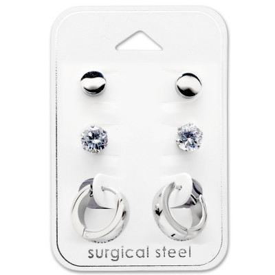 High Polish Surgical Steel Round Set with Cubic Zirconia on Card