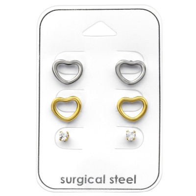 Surgical Steel Heart Set with Cubic Zirconia on Card