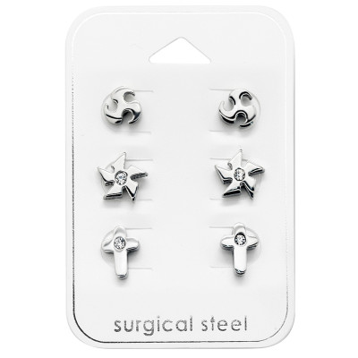 High Polish Surgical Steel Mixed Set with Crystal on Card