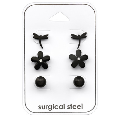 Black Surgical Steel Flower Set with Crystal on Card