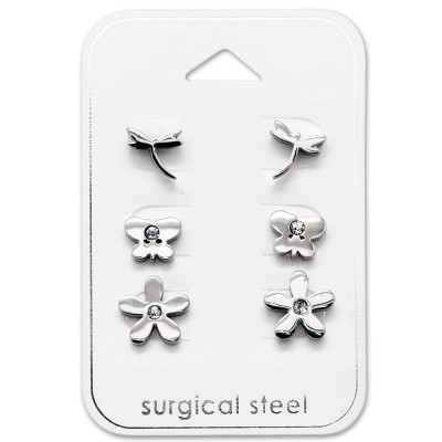 High Polish Surgical Steel Nature Set with Crystal on Card
