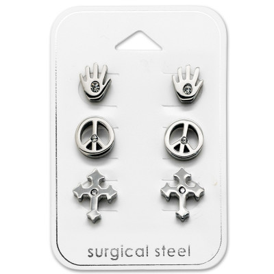 High Polish Surgical Steel Peace Set with Crystal on Card