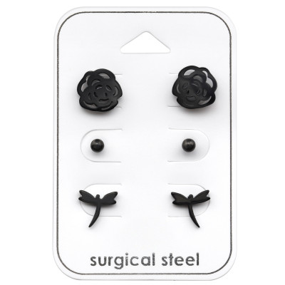 Black Surgical Steel Flower Set on Card