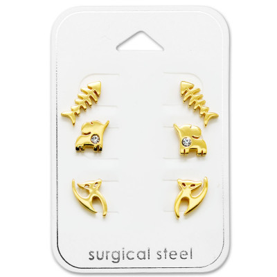 Gold Surgical Steel Animal Set with Crystal on Card