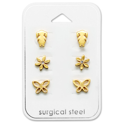 Gold Surgical Steel Girl Ear Stud Set on Card