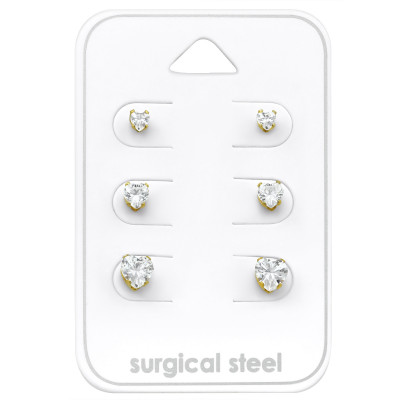 Gold Surgical Steel Heart 3mm, 4mm and 5mm Set with Cubic Zirconia on Card