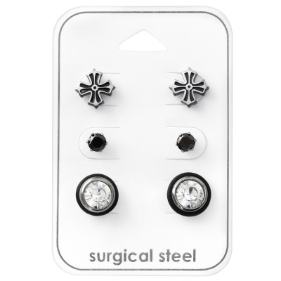 Surgical Steel Cross Set with Crystal on Card