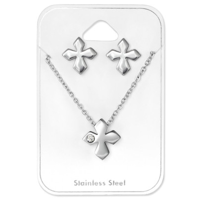 High Polish Surgical Steel Cross Set with Crystal on Card