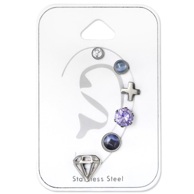 High Polish Surgical Steel Mixed Set with Cubic Zirconia and Semi Precious on Card 