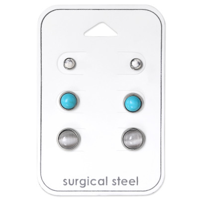 High Polish Surgical Steel Mixed Stone Set with Howlite, Turquoise and Cat Eye on Card