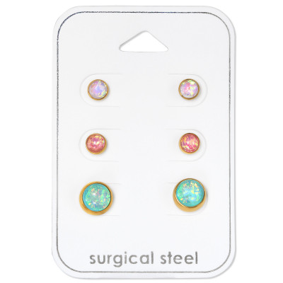 Gold Surgical Steel Round Set with Synthetic Opal on Card