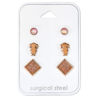 Rose Gold Surgical Steel Girl Set with Synthetic Opal and Glitter Inlay on Card