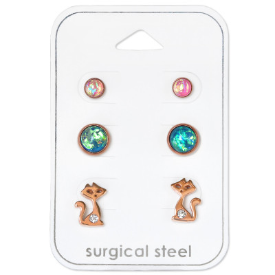 Rose Gold Surgical Steel Cat Set with Crystal and Synthetic Opal on Card