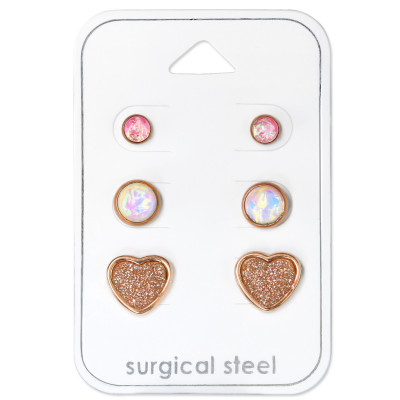 Rose Gold Surgical Steel Heart Set with Synthetic Opal and Glitter Inlay on Card