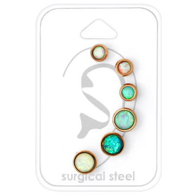 Rose Gold Surgical Steel Round Set with Snythetic Opal on Card