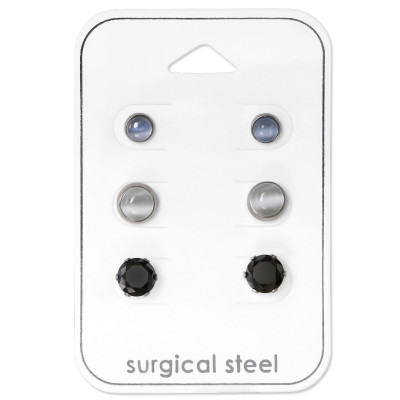 High Polish Surgical Steel Mixed Stone Set with Cat Eye and Cubic Zirconia on Card