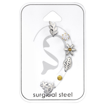 Flower Stainless Steel Set and Jewelry on Card with Cubic Zirconia