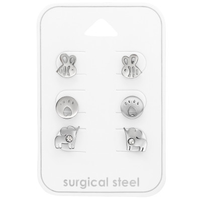 High Polish Surgical Steel Animal Ear Studs Set with Crystal on Card