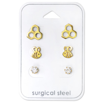 Gold Surgical Steel Bumble Bee Set with Cubic Zirconia on Card