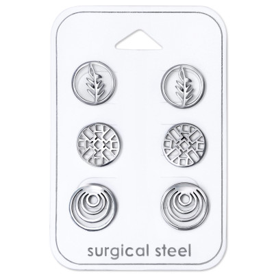 High Polish Surgical Steel Patterned Circle Set on Card