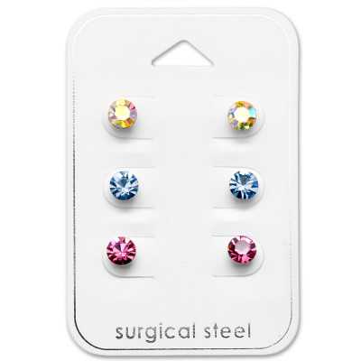 High Polish Surgical Steel Round 5mm Set with Crystal on Card