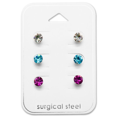 High Polish Surgical Steel Round 3mm Set with Crystal on Card