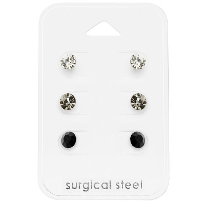 High Polish Surgical Steel Round Set with Crystal on Card