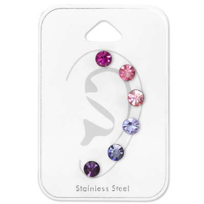 High Polish Surgical Steel Round 5mm Ear Stud Set with Crystal on Card