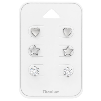 Titanium Sparkling Heart and Star Ear Studs Set with Cubic Zirconia on Card