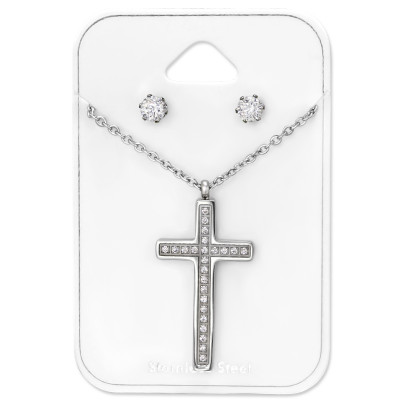 Cross Stainless Steel Set and Jewelry on Card with Cubic Zirconia