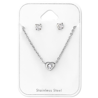 Heart Stainless Steel Set and Jewelry on Card with Cubic Zirconia and Crystal
