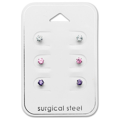 High Polish Surgical Steel Round 3mm Set with Cubic Zirconia on Card