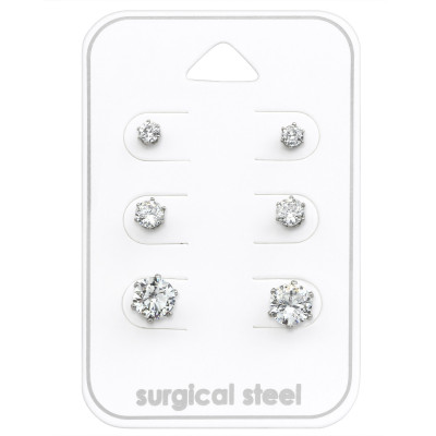 High Polish Surgical Steel Round 3mm, 4mm and 6mm Set  with Cubic Zirconia on Card