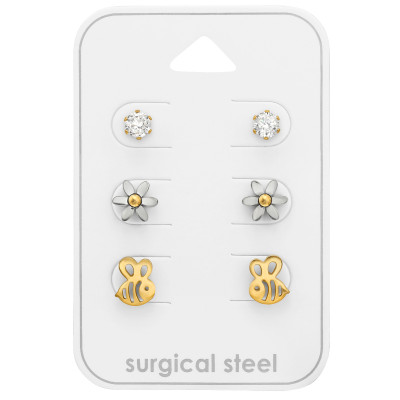 High Polish Gold Surgical Steel Nature Ear Studs Set with Cubic Zirconia on Card