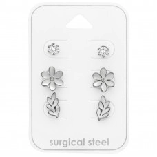 High Polish Surgical Steel Round, Flower and Olive Branch Ear Studs Set with Cubic Zirconia and Crystal on Card