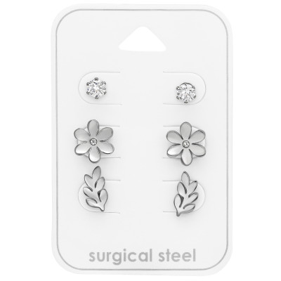 High Polish Surgical Steel Round, Flower and Olive Branch Ear Studs Set with Cubic Zirconia and Crystal on Card