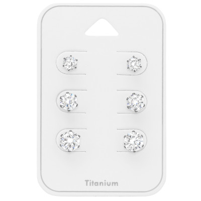 Titanium Round 4mm, 5mm and 6mm Ear Studs Set with Cubic Zirconia on Card